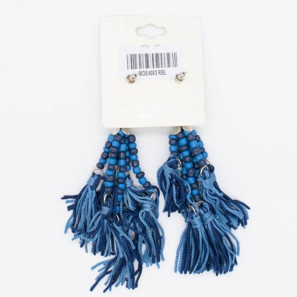 Mia Collection Blue Tassel Dangle Fringe Silver Tone Hook Earrings - Picture 2 of 3
